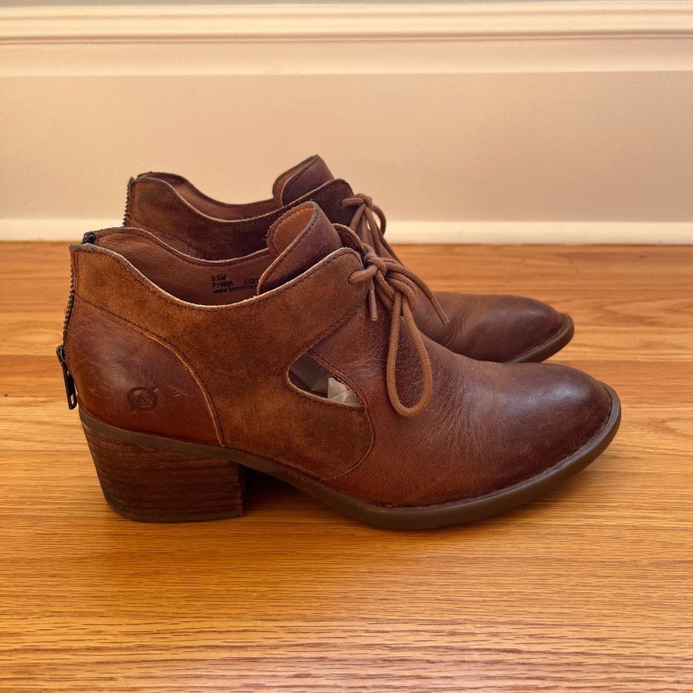 Born Leather and Suede Leather Booties, Cognac Brown, Size 8.5